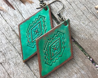 Hand Tooled Vintage Southwest Style Green Diamond Shaped Leather Earrings