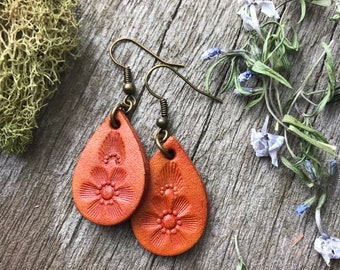 Hand Tooled Coral Southwest Style Petite Leather Teardrop Earrings