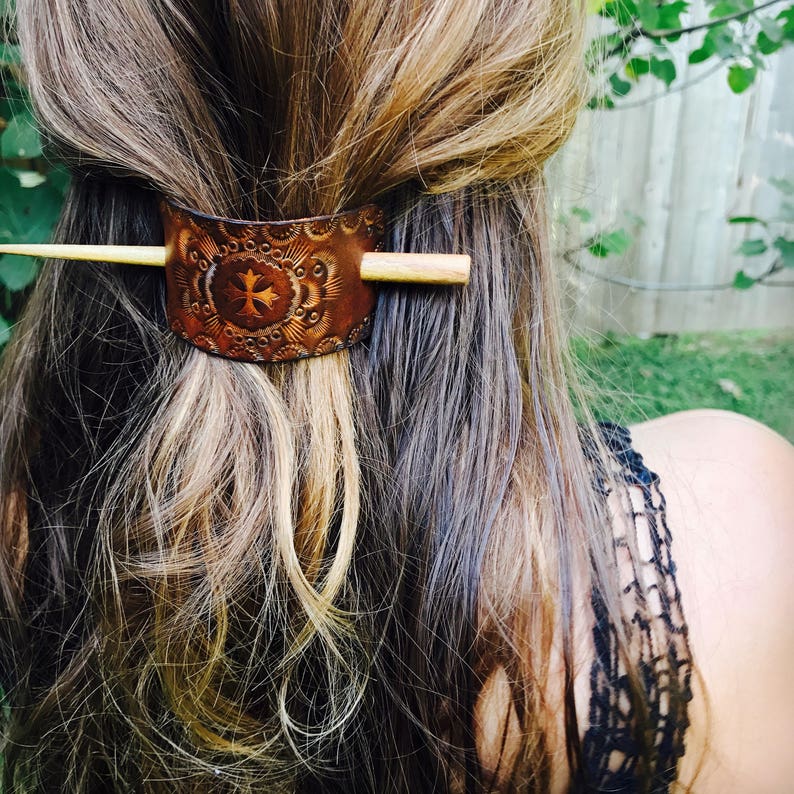 Hand Tooled Leather Hair Slide Barrette, Whiskey Brown Rustic Finish with Floral Mandala Design image 7