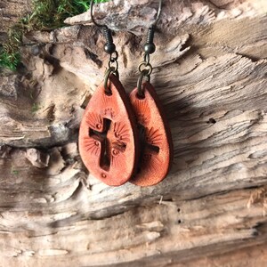 Hand Tooled Caramel Brown Petite Leather Teardrop Cross Earrings image 4