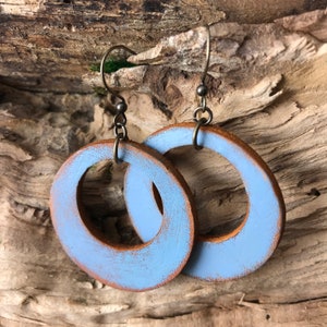 Hand Painted Circle Hoop Leather Earrings, Periwinkle Blue with Rustic Hand Finish