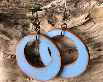 Hand Painted Circle Hoop Leather Earrings, Periwinkle Blue with Rustic Hand Finish