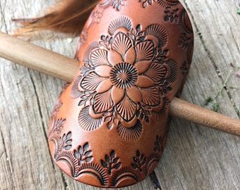 Hand Tooled Leather Hair Slide Round Barrette, Whiskey Brown Mandala, Boho Hair Jewelry