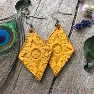 Hand Tooled Mustard Yellow Floral Leather Earrings