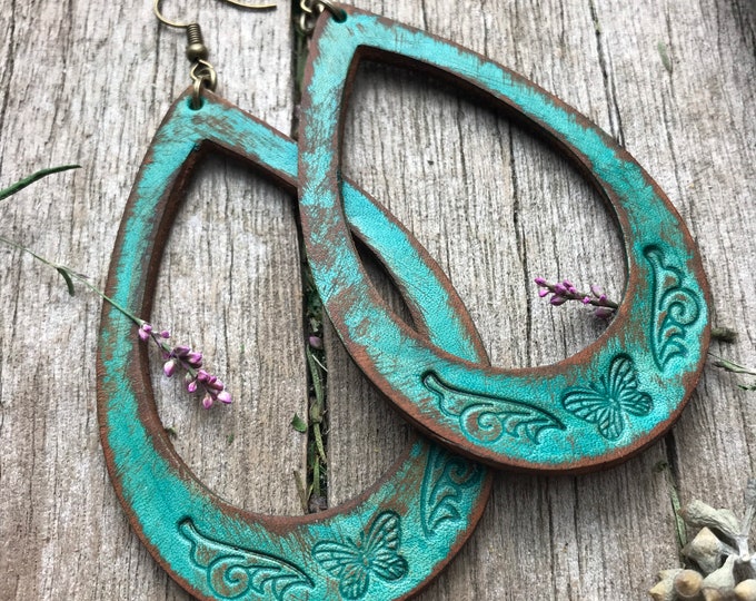 Extra Large Teal Hand Tooled Leather Teardrop Hoop Earrings with Vintage Style Butterfly Design
