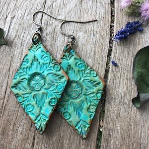 Hand Tooled Turquoise and Caramel Brown Floral Leather Earrings