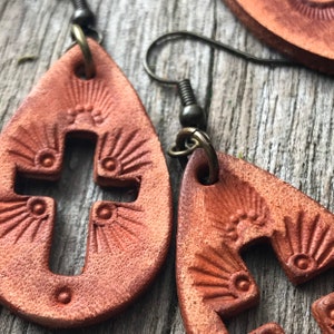 Hand Tooled Caramel Brown Petite Leather Teardrop Cross Earrings image 5