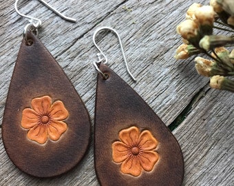 Hand Tooled Leather Earrings, Wild Flower Design in Chocolate and Caramel Brown