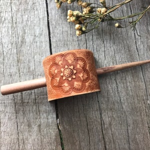 Hand Tooled Leather Hair Slide Barrette, Whiskey Brown Rustic Finish with Floral Mandala Design image 2