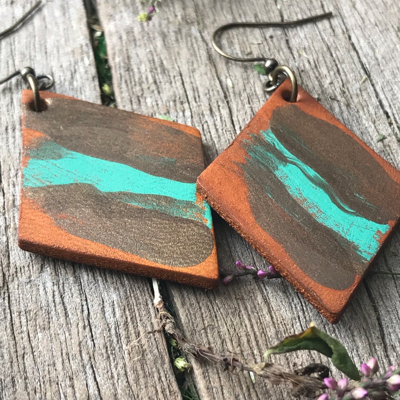 Hand Painted Diamond Shaped Rustic Leather Earrings, Robin's Egg Blue, Bronze and Caramel Brown image 6