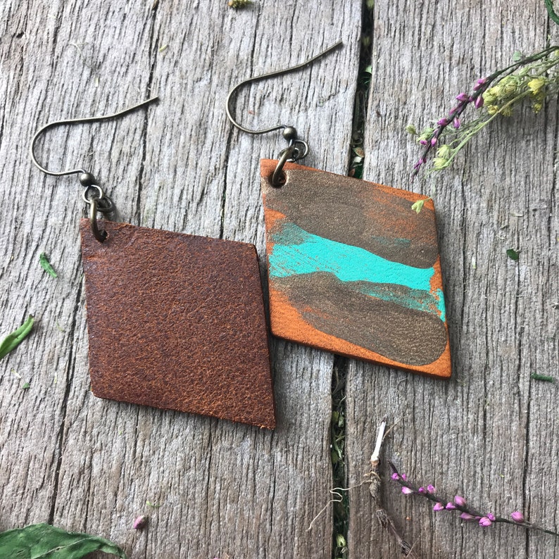 Hand Painted Diamond Shaped Rustic Leather Earrings, Robin's Egg Blue, Bronze and Caramel Brown image 2