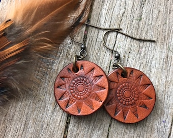 Hand Tooled Aztec Sun, Whiskey Brown, Petite Circle Leather Earrings