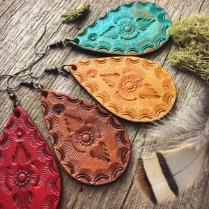 Hand Tooled  Leather Teardrop Earrings with Bright Red, Turquoise, Whiskey Brown or Golden Sage Antiqued, Rustic Finish