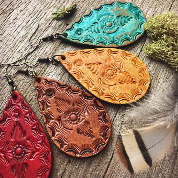 Hand Tooled Leather Teardrop Earrings With Bright Red | Etsy