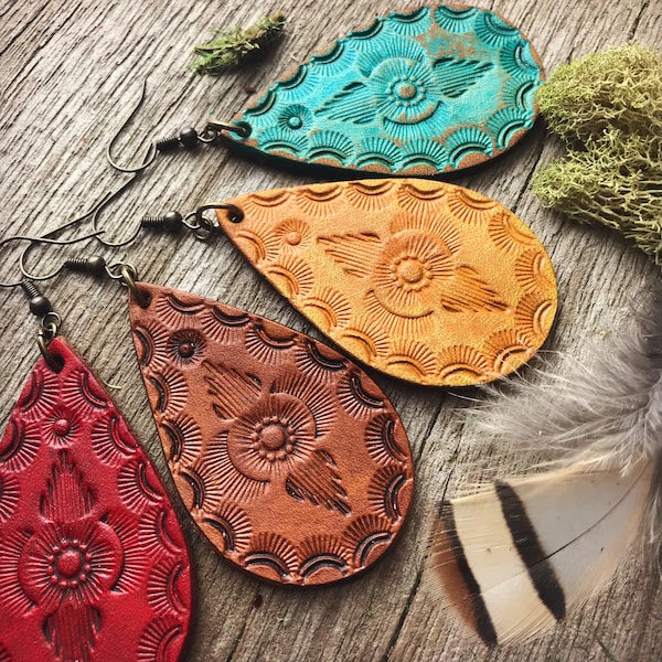 Hand Tooled  Leather Teardrop Earrings with Bright Red, Turquoise, Whiskey Brown or Golden Sage Antiqued, Rustic Finish