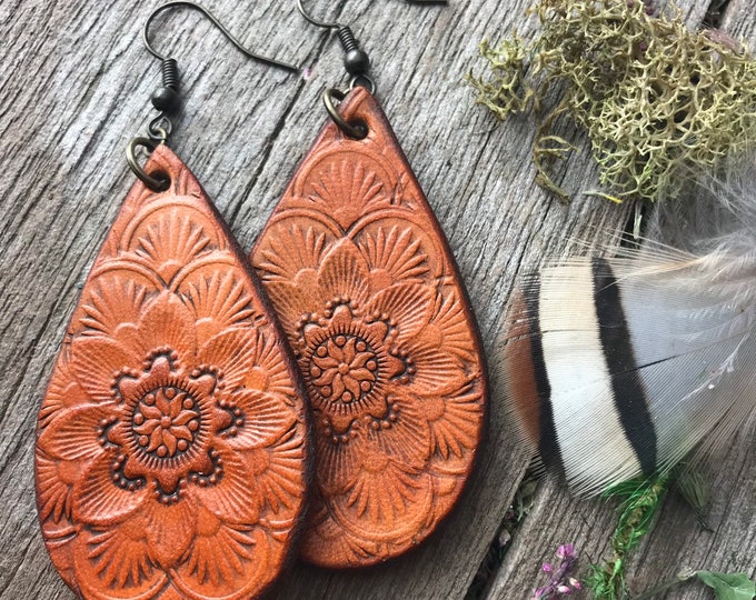 Hand Tooled Mandala Leather Teardrop Earrings