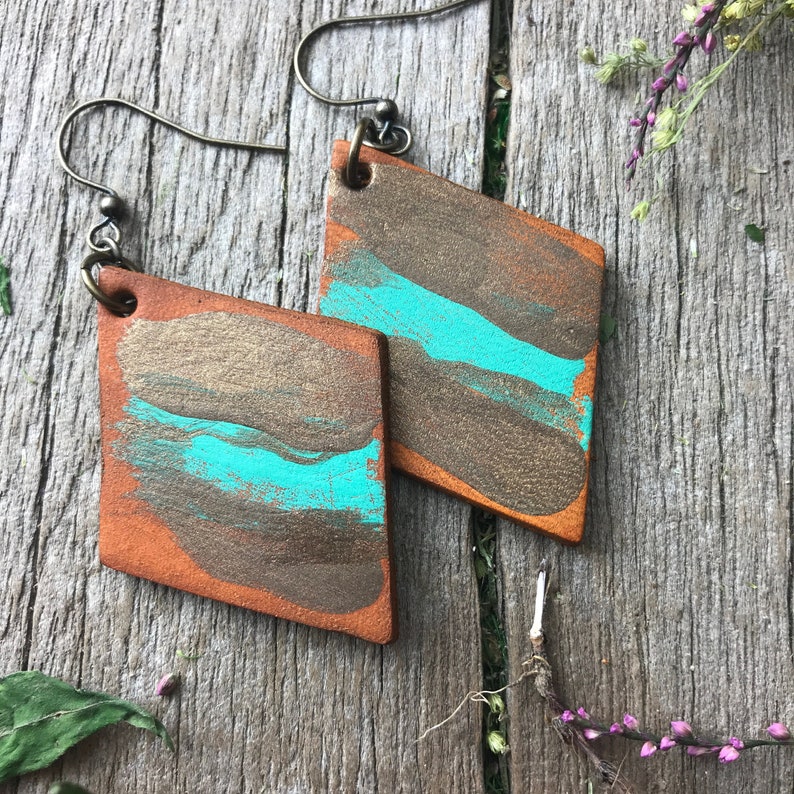 Hand Painted Diamond Shaped Rustic Leather Earrings, Robin's Egg Blue, Bronze and Caramel Brown image 1