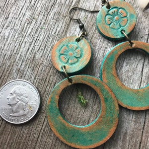 Tooled Leather Long Layered Flower Circle Earrings With Rustic Blue Finish image 4