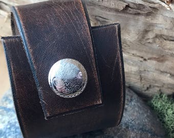 Distressed Leather Cuff Bracelet, Mens or Womens Fashion, Rustic Hand Finished Chocolate Brown Leather Cuff