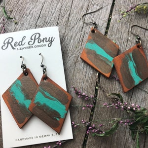 Hand Painted Diamond Shaped Rustic Leather Earrings, Robin's Egg Blue, Bronze and Caramel Brown image 5