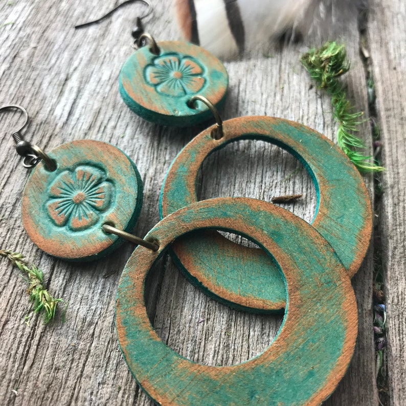 Tooled Leather Long Layered Flower Circle Earrings With Rustic Blue Finish image 1