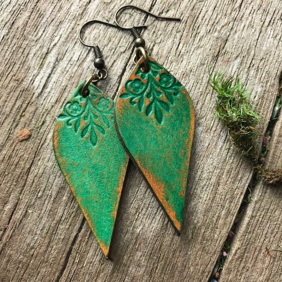 Hand Tooled Bright Green Leather Earrings With Warm Brown Rustic