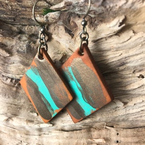 Hand Painted Diamond Shaped Rustic Leather Earrings, Robin's Egg Blue, Bronze and Caramel Brown image 4