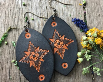 Hand Tooled Southwest Style Leather Earrings, in Dark Brown or Whiskey Brown