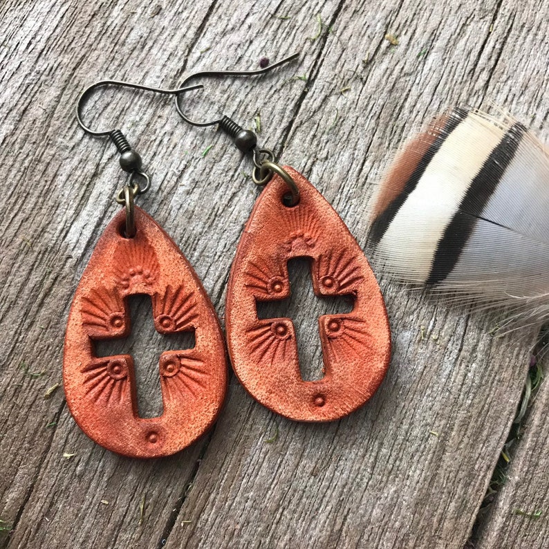 Hand Tooled Caramel Brown Petite Leather Teardrop Cross Earrings image 1