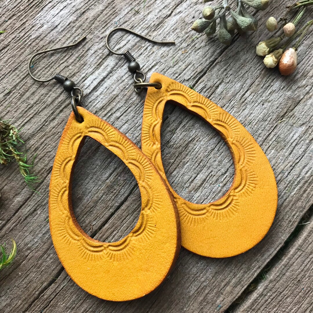 Hand Tooled Bright Yellow Leather Earrings, Western Style Etsy