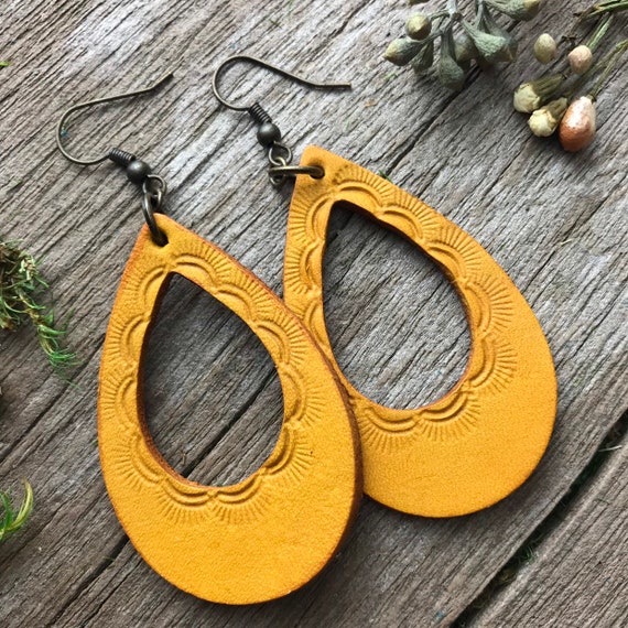 Stamped Leather Teardrop Hoop Earrings With Lemon Yellow - Etsy