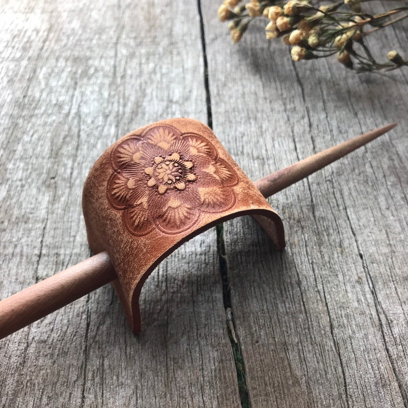 Hand Tooled Leather Hair Slide Barrette, Whiskey Brown Rustic Finish with Floral Mandala Design image 8