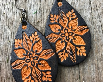 Hand Tooled  Leather Teardrop Earrings, Hand Dyed in Caramel Brown and Black