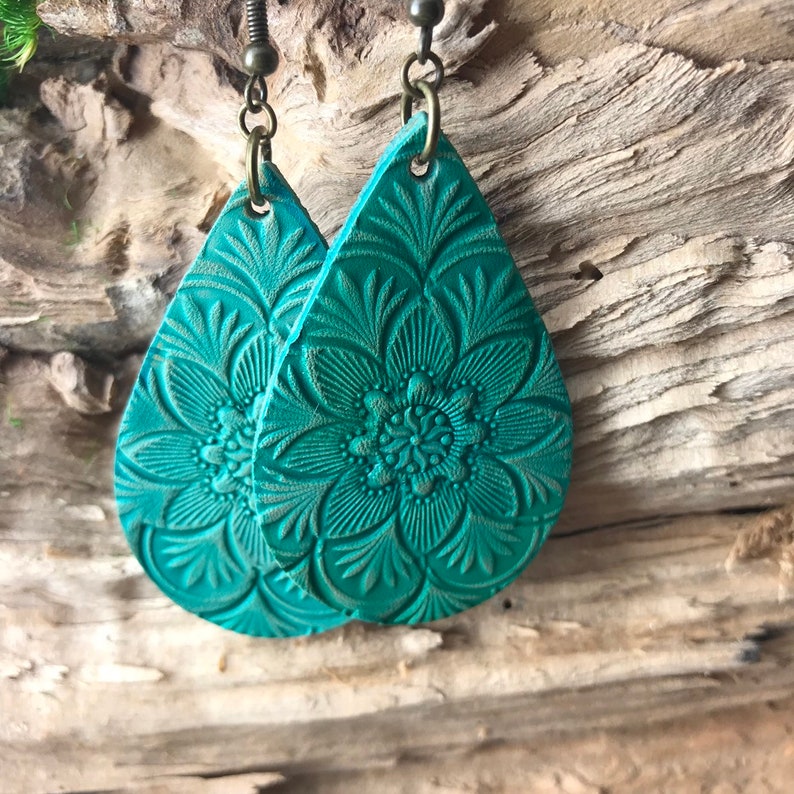 Hand Tooled Turquoise Leather Teardrop Mandala Earrings image 4