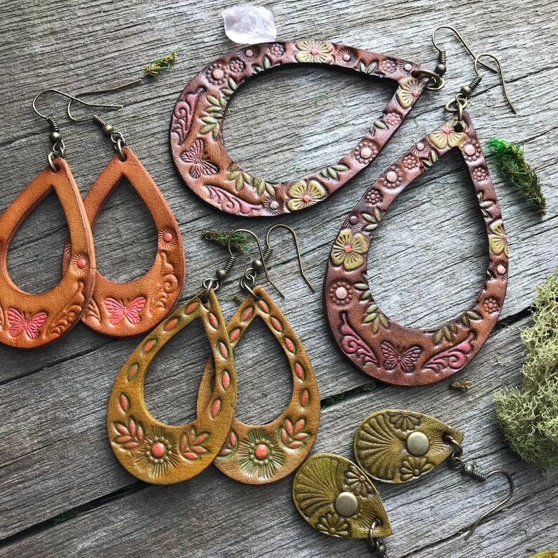 Stamped Leather Teardrop Earrings With Butterfly and Hand Etsy