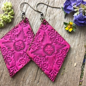 Hand Tooled Magenta and Warm Brown Floral Leather Earrings with Rustic Finish