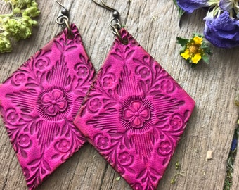 Hand Tooled Magenta and Warm Brown Floral Leather Earrings with Rustic Finish