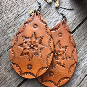 Extra Large Hand Tooled Leather Earrings,  Caramel Brown with Floral Motif and Antiqued Finish