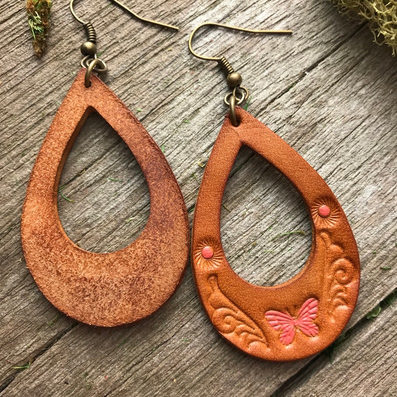 Stamped Leather Teardrop Earrings With Butterfly and Hand Etsy