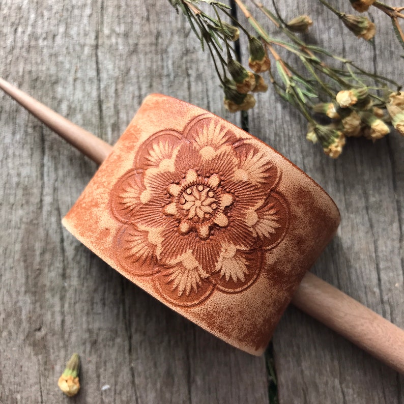 Hand Tooled Leather Hair Slide Barrette, Whiskey Brown Rustic Finish with Floral Mandala Design image 1