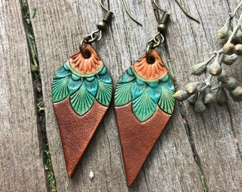 Hand Tooled Multi Colored Chocolate Brown Fancy Teardrop Leather Earrings