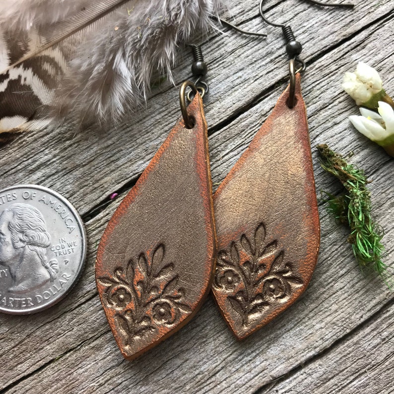 Hand Tooled Fancy Teardrop Metallic Bronze and Warm Brown Leather Earrings