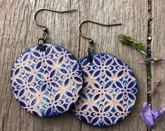 Hand Tooled Geometric Design Leather Earrings Hand Dyed in Indigo Blue