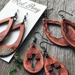 Hand Tooled Caramel Brown Petite Leather Teardrop Cross Earrings image 6