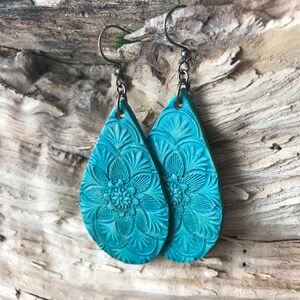 Hand Tooled Turquoise Leather Teardrop Mandala Earrings image 8