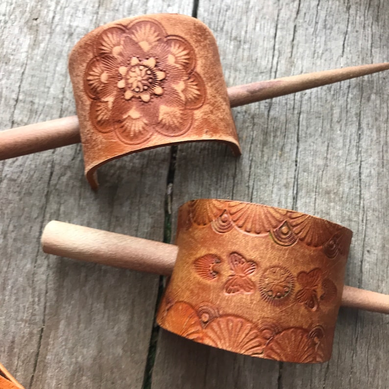 Hand Tooled Leather Hair Slide Barrette, Whiskey Brown Rustic Finish with Floral Mandala Design image 3