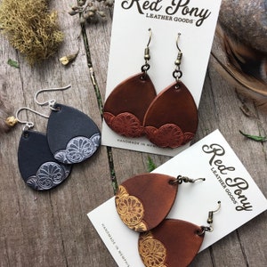 Hand Tooled Leather Vintage Style Earrings, Warm Brown and Metallic ...