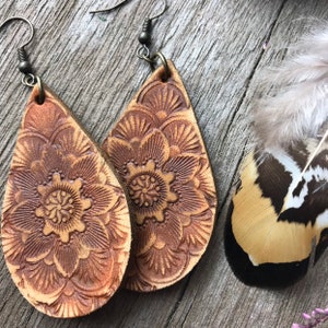 Hand Tooled  Leather Teardrop Earrings in chocolate brown rustic finish