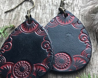 Hand Tooled Leather Vintage Style Earrings, Jet Black and Red