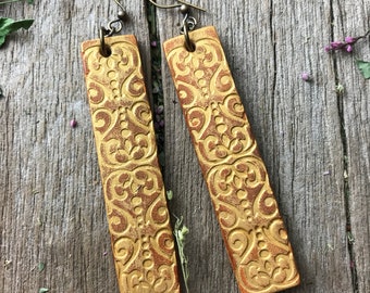 Hand Tooled Floral Leather Bar Earrings, Caramel Brown and Metallic Gold